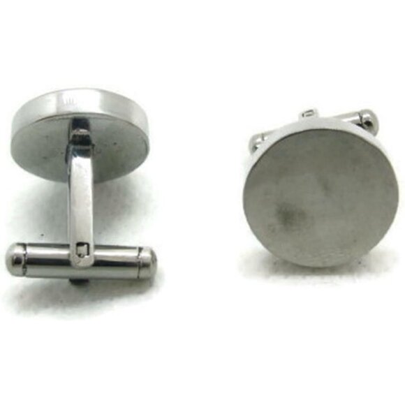 Smooth Flat Cuff Link Engraveable Bullet Black Round Silver Tone Men Cufflinks - Picture 5 of 8